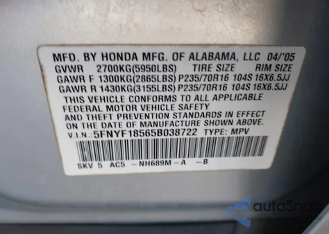 2005 Honda Pilot Ex-L z USA, uszkodzony, nr VIN 5FNYF18565B038722